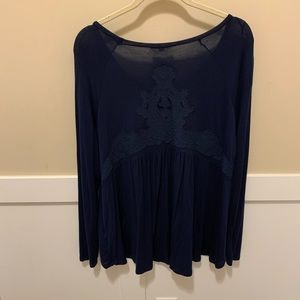 Cloud Chaser Semi-Sheer Embroidered Back, Long Sleeve Navy Top Size M